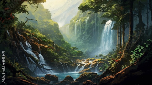 A watercolor painting of a majestic waterfall in the middle of a lush forest.