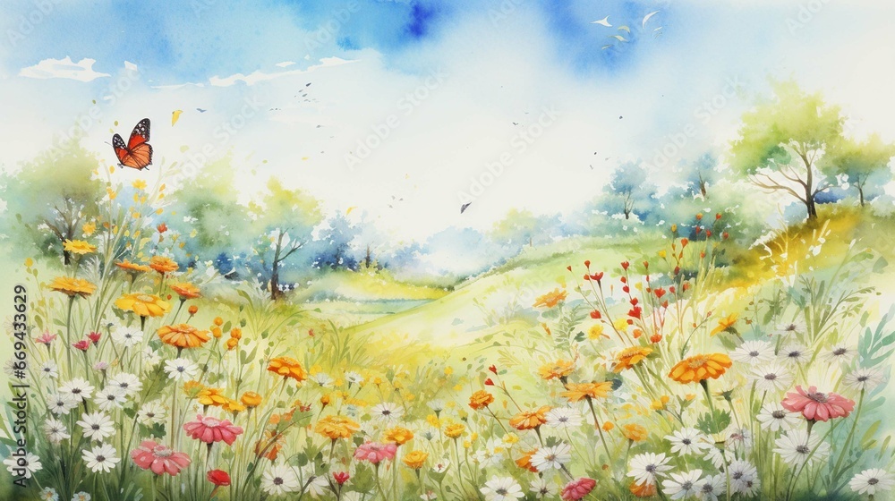 A watercolor painting of a peaceful meadow with wildflowers blooming and butterflies fluttering by