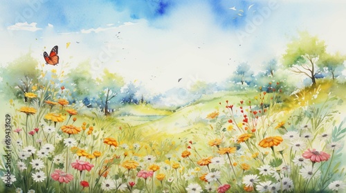 A watercolor painting of a peaceful meadow with wildflowers blooming and butterflies fluttering by © Areesha