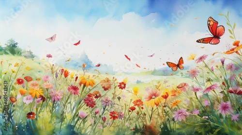 A watercolor painting of a peaceful meadow with wildflowers blooming and butterflies fluttering by