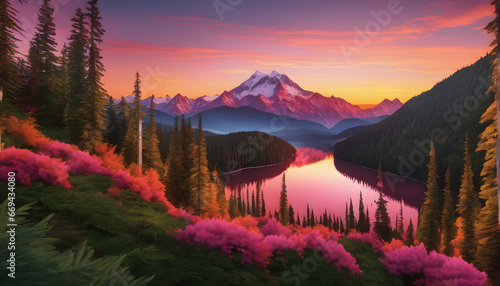 A vibrant orange and pink sunrise falling over a majestic mountain range, Autumn celebration, Landscape concept, generative ai 