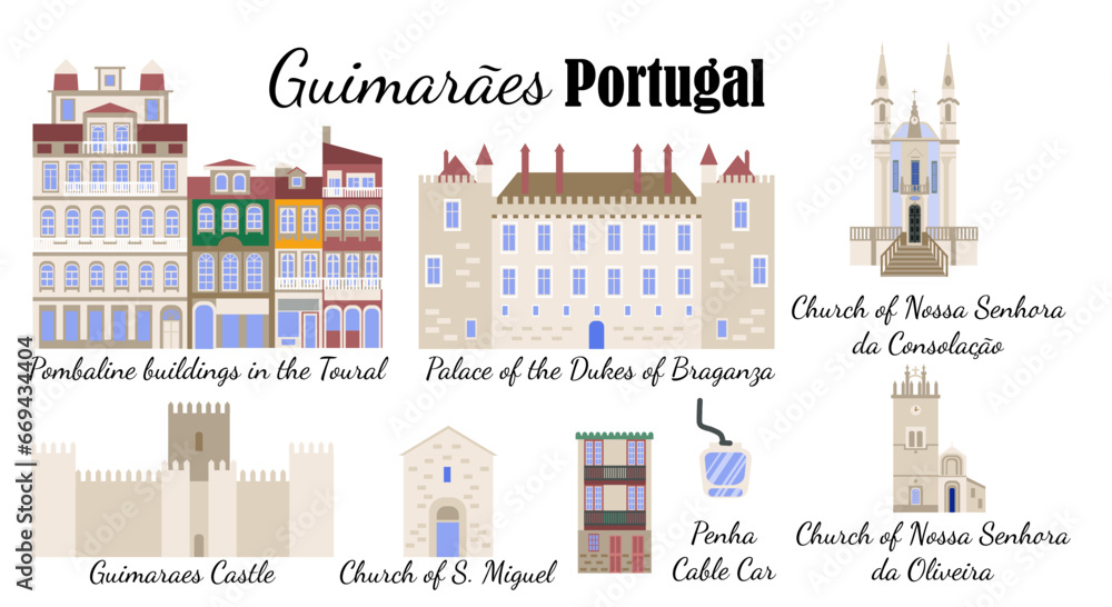 Set of symbols Guimarães Portugal. Architectural sights  of Guimarães, flat-style illustration, for banners, souvenir cards, printing on mugs and plates.