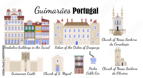 Set of symbols Guimarães Portugal. Architectural sights  of Guimarães, flat-style illustration, for banners, souvenir cards, printing on mugs and plates.