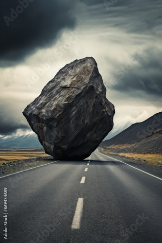 Road is blocked by a land slide of rock and debris to where it is a hazard for drivers in cars. Problems in business and life, concept photo