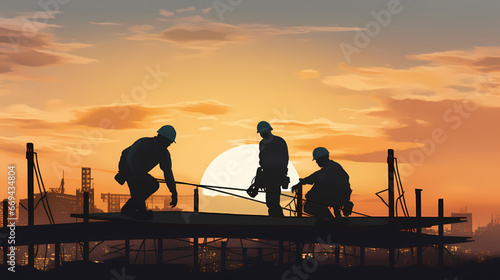 Silhouette of construction workers working at sunset vector image