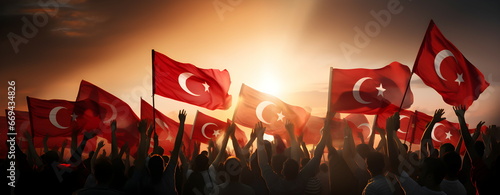 Turkish flags at sunset. Protest. Riot. Revolution. Red color.