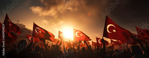 Turkish flags at sunset. Protest. Riot. Revolution. Red color.
