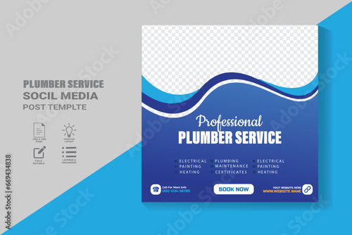 Plumbing service social media post template, plumber expert banner concept, repair pipes from sinks advertisement, toilets and bathrooms, abstract campaign editable, isolated