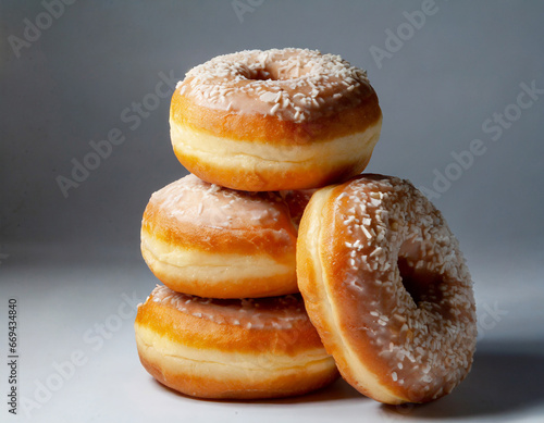 A photo of a delicious stack of donuts on a plain background