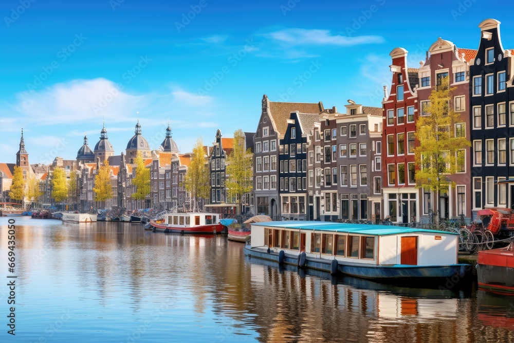 Naklejka premium Channel in Amsterdam Netherlands houses river