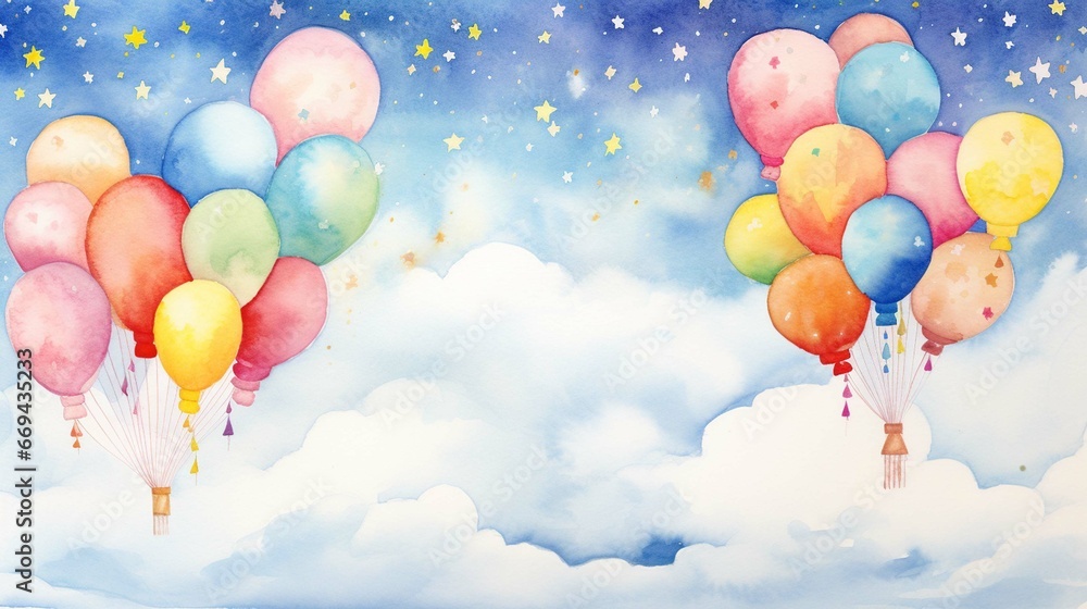 Watercolor painting of clouds with balloons and stars in bright colors for children 