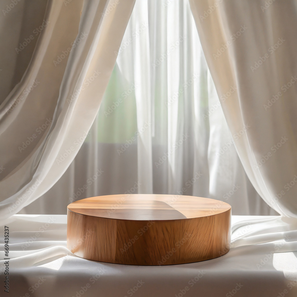 Empty modern round wooden podium side table in soft white blowing drapery curtain drapes in sunlight for luxury cosmetic, skincare, beauty treatment, fashion product display background Empty modern round wooden podium side table in soft white blowing drapery curtain drapes in sunlight for luxury cosmetic, skincare, beauty treatment, fashion product display background