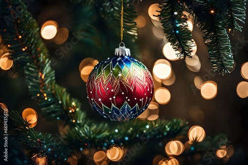 A colorful holiday ornament hanging from a Christmas tree branch. 