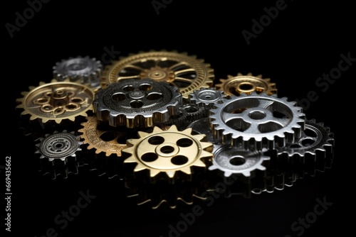 A mixed group of gold and silver gears of the same size, set against a black background with a white border. Generative AI