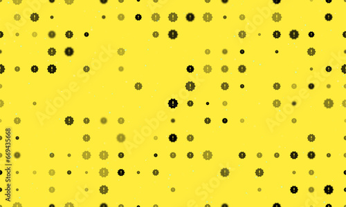 Seamless background pattern of evenly spaced black warning symbols of different sizes and opacity. Vector illustration on yellow background with stars
