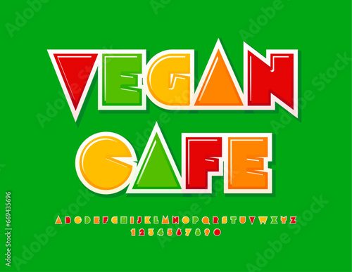 Vector bright banner Vegan Cafe. Creative colorful Font. Abstract style Alphabet Letters and Numbers set