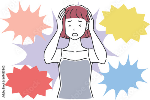 混乱して頭を抱える女性のイラスト素材