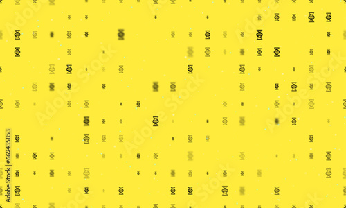 Seamless background pattern of evenly spaced black dna symbols of different sizes and opacity. Vector illustration on yellow background with stars