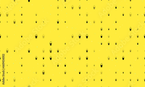 Seamless background pattern of evenly spaced black ice cream symbols of different sizes and opacity. Vector illustration on yellow background with stars