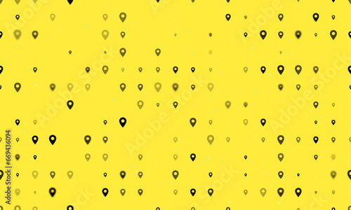 Seamless background pattern of evenly spaced black location symbols of different sizes and opacity. Vector illustration on yellow background with stars