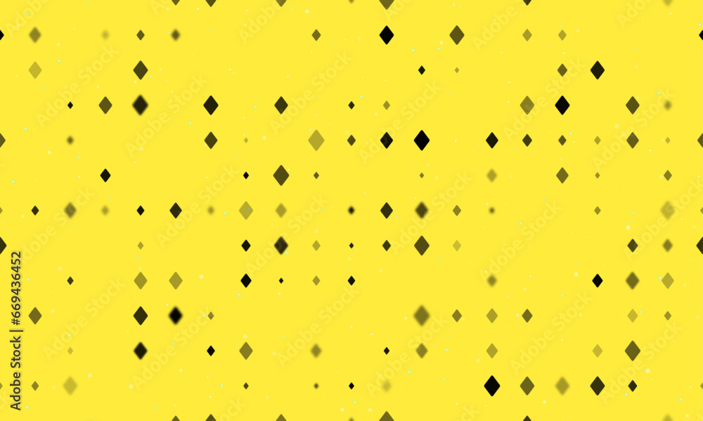 Seamless background pattern of evenly spaced black diamonds of different sizes and opacity. Vector illustration on yellow background with stars Seamless background pattern of evenly spaced black diamonds of different sizes and opacity. Vector illustration on yellow background with stars