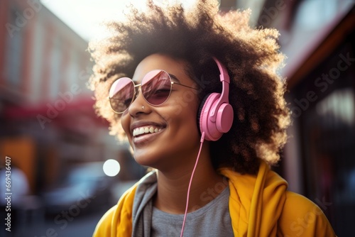 Beautiful girl with curly hair on the street with pink headphones listening to music