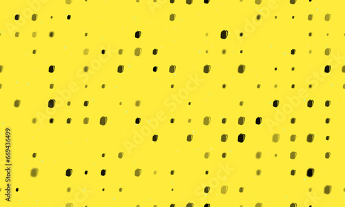 Seamless background pattern of evenly spaced black school bag symbols of different sizes and opacity. Vector illustration on yellow background with stars