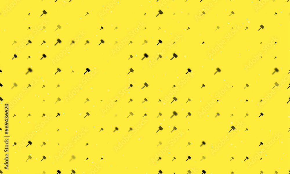 Seamless background pattern of evenly spaced black sledgehammer symbols of different sizes and opacity. Vector illustration on yellow background with stars Seamless background pattern of evenly spaced black sledgehammer symbols of different sizes and opacity. Vector illustration on yellow background with stars