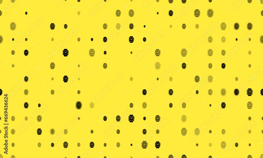 Seamless background pattern of evenly spaced black smart watch symbols of different sizes and opacity. Vector illustration on yellow background with stars Seamless background pattern of evenly spaced black smart watch symbols of different sizes and opacity. Vector illustration on yellow background with stars