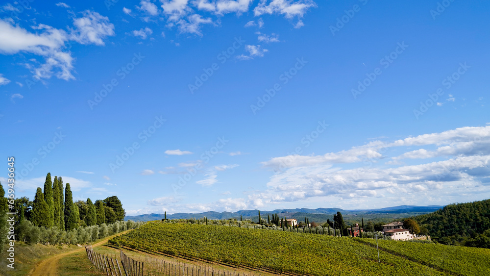 Le colline e i vigneti attorno al borgo di Vagliagli . Panorama autunnale. Chianti, Toscana. Italia