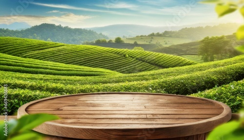 Circle wooden table top with blurred tea plantation landscape against blue sky and blurred green leaf frame Product display natural background concept  photo