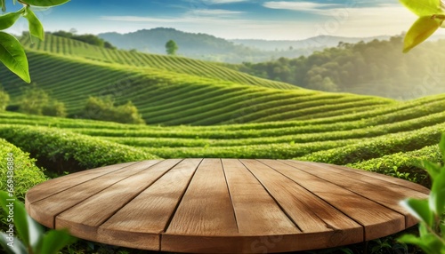 Circle wooden table top with blurred tea plantation landscape against blue sky and blurred green leaf frame Product display natural background concept  photo