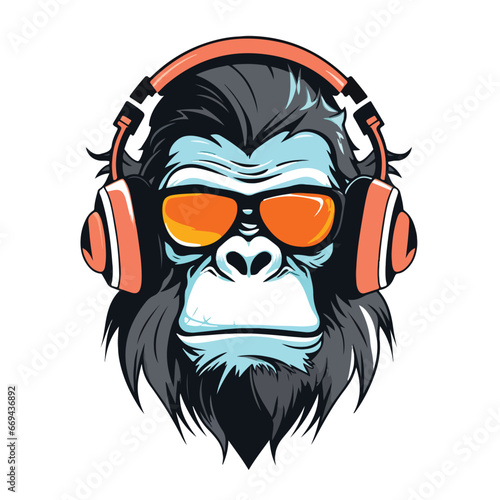 Bright monkey with headphones and sunglasses looks like Dj