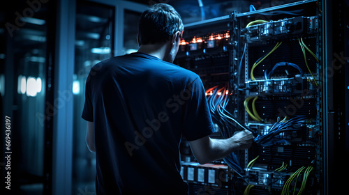 Photo of a computer technician, technician or system administrator working in server racks with wires. The process of troubleshooting a server room in details