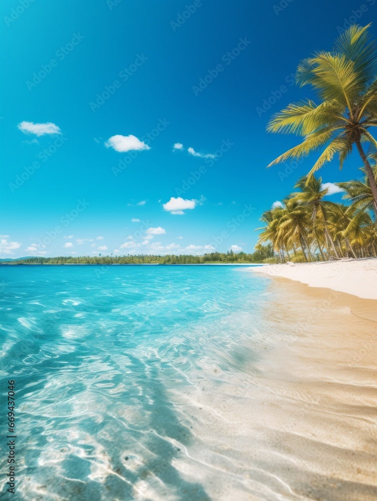 beach with white sand, blue sky and small waves. Panoramic view of the sea and sandy beach.