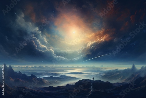 Mesmerizing celestial landscape with a distant figure for size reference. Generative AI