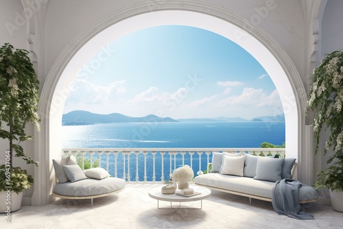Products showcased amidst breathtaking natural beauty, including serene clouds, captivating arch frame, and mesmerizing sea view. Generative AI photo