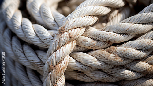 Nautical background. Closeup of an old frayed boat rope. Tonned image.
