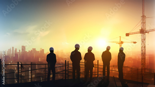 Silhouette of construction workers watching sunrise on top of skyscraper vector image