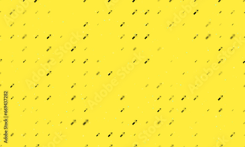 Seamless background pattern of evenly spaced black champagne opening symbols of different sizes and opacity. Vector illustration on yellow background with stars