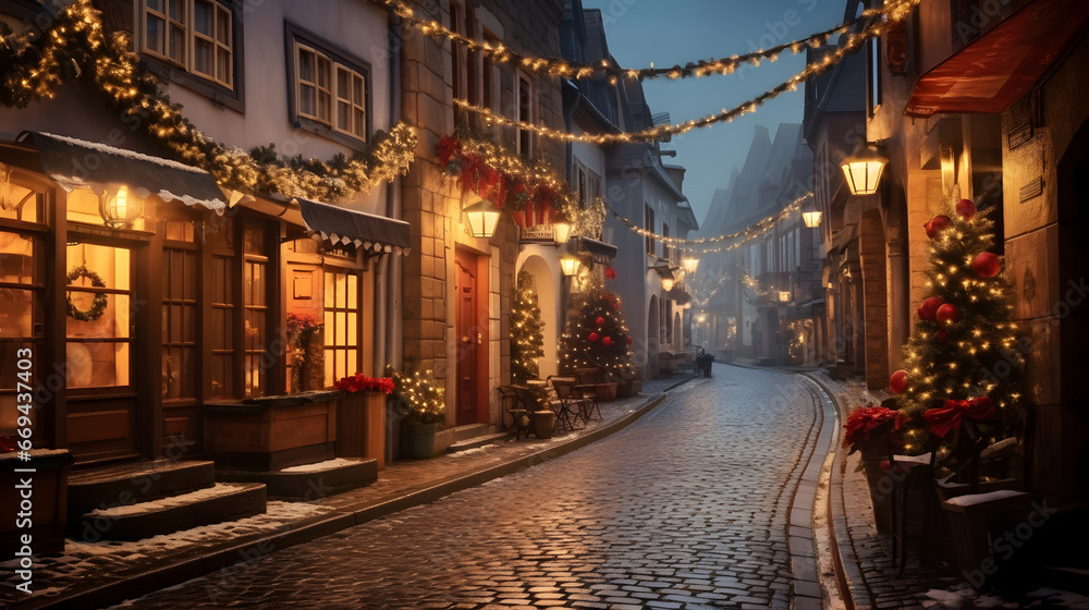 Street in a picturesque Christmas village, with traditional style houses lit up for Christmas.