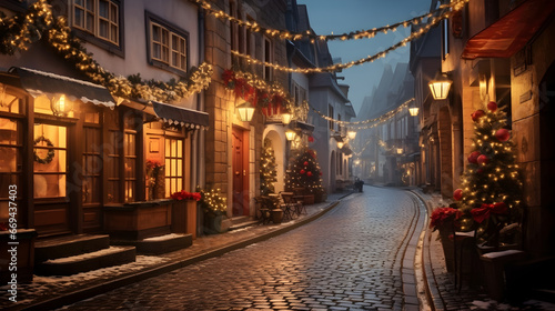 Street in a picturesque Christmas village, with traditional style houses lit up for Christmas. © Oriol Roca