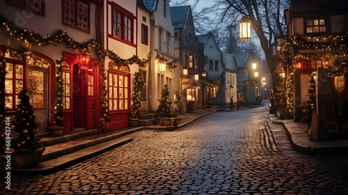 Cobbled street in a picturesque Christmas village, with traditional style houses lit up with lanterns and strings of lights.