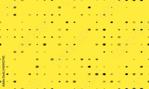 Seamless background pattern of evenly spaced black square academic cap symbols of different sizes and opacity. Vector illustration on yellow background with stars