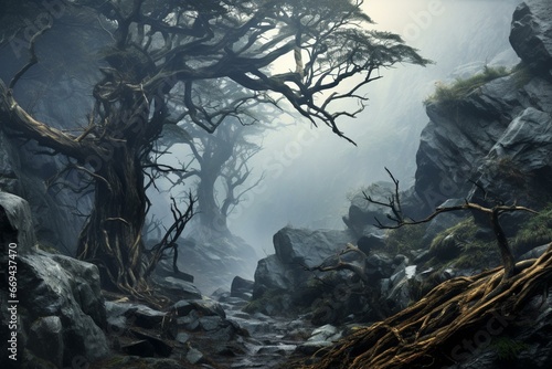 Mystical trees thrive on rocky terrain amidst a misty woodland. Digital artwork. Generative AI