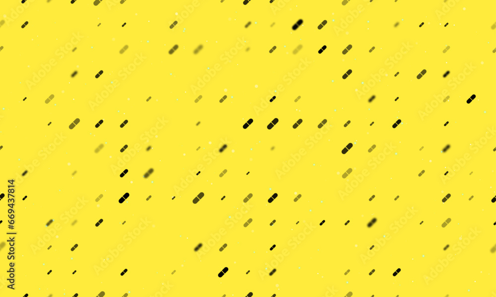 Seamless background pattern of evenly spaced black medical capsule symbols of different sizes and opacity. Vector illustration on yellow background with stars Seamless background pattern of evenly spaced black medical capsule symbols of different sizes and opacity. Vector illustration on yellow background with stars