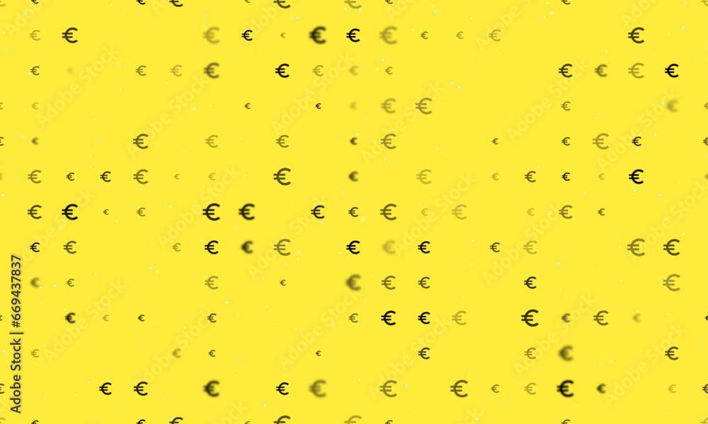 Seamless background pattern of evenly spaced black euro symbols of different sizes and opacity. Vector illustration on yellow background with stars Seamless background pattern of evenly spaced black euro symbols of different sizes and opacity. Vector illustration on yellow background with stars