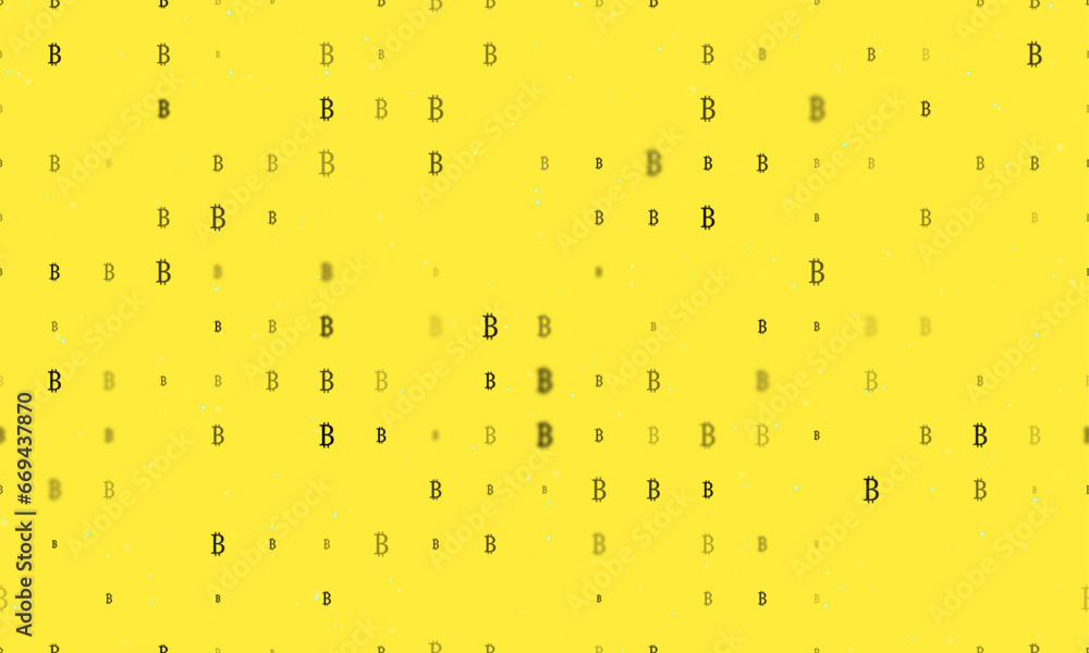 Seamless background pattern of evenly spaced black bitcoin symbols of different sizes and opacity. Vector illustration on yellow background with stars Seamless background pattern of evenly spaced black bitcoin symbols of different sizes and opacity. Vector illustration on yellow background with stars