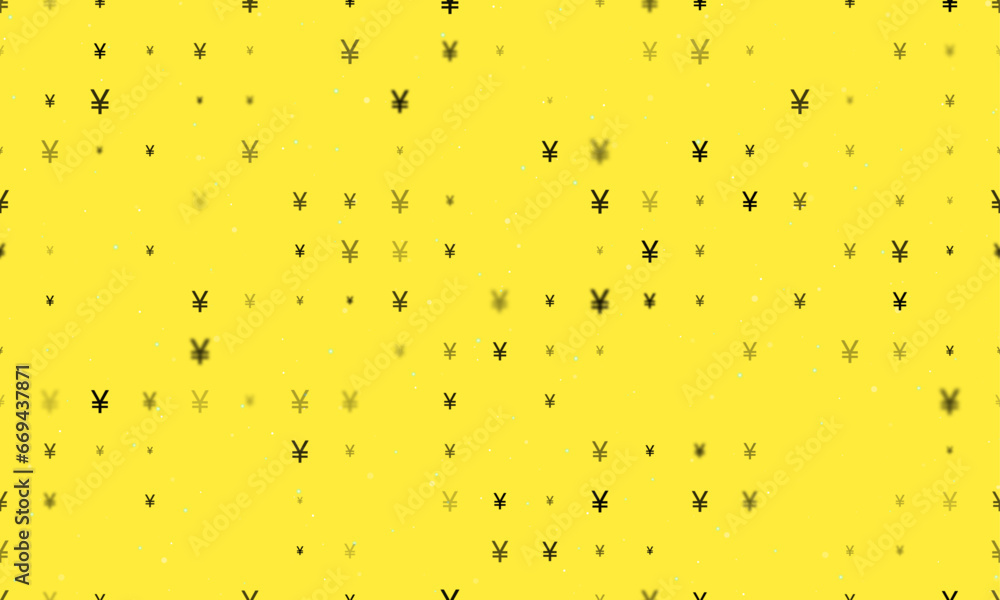 Seamless background pattern of evenly spaced black yuan symbols of different sizes and opacity. Vector illustration on yellow background with stars Seamless background pattern of evenly spaced black yuan symbols of different sizes and opacity. Vector illustration on yellow background with stars