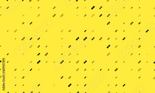 Seamless background pattern of evenly spaced black medical capsule symbols of different sizes and opacity. Vector illustration on yellow background with stars
